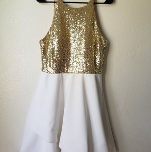 Gold sequences w/ white bottom. Halter style.